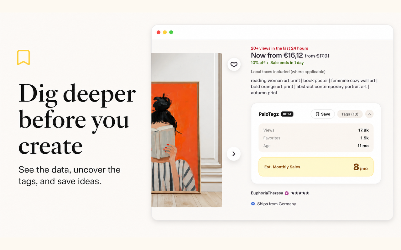 An Etsy listing page with PaloTagz listing research data
