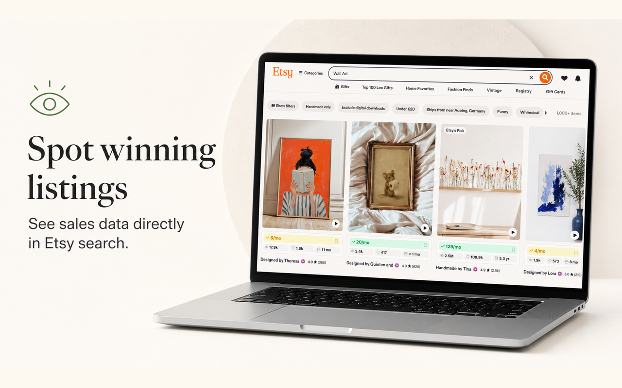 Etsy search results with PaloTagz research metrics below each listing