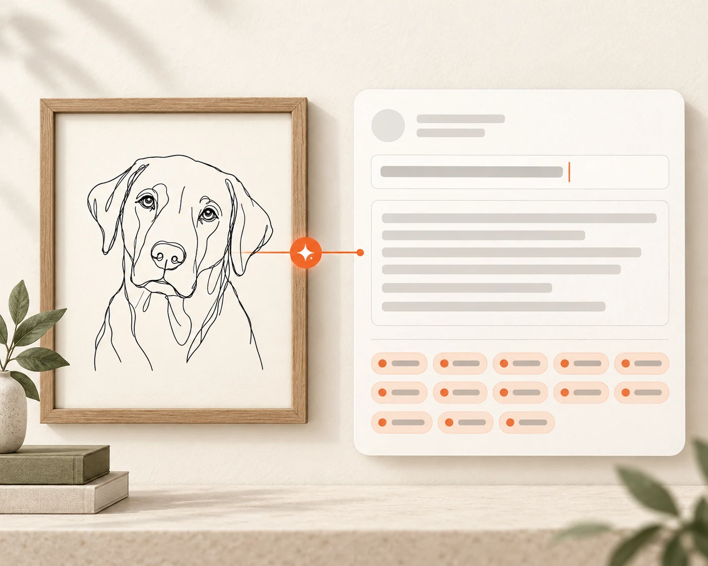 A pet portrait becoming an editable title, description, and 13 tags