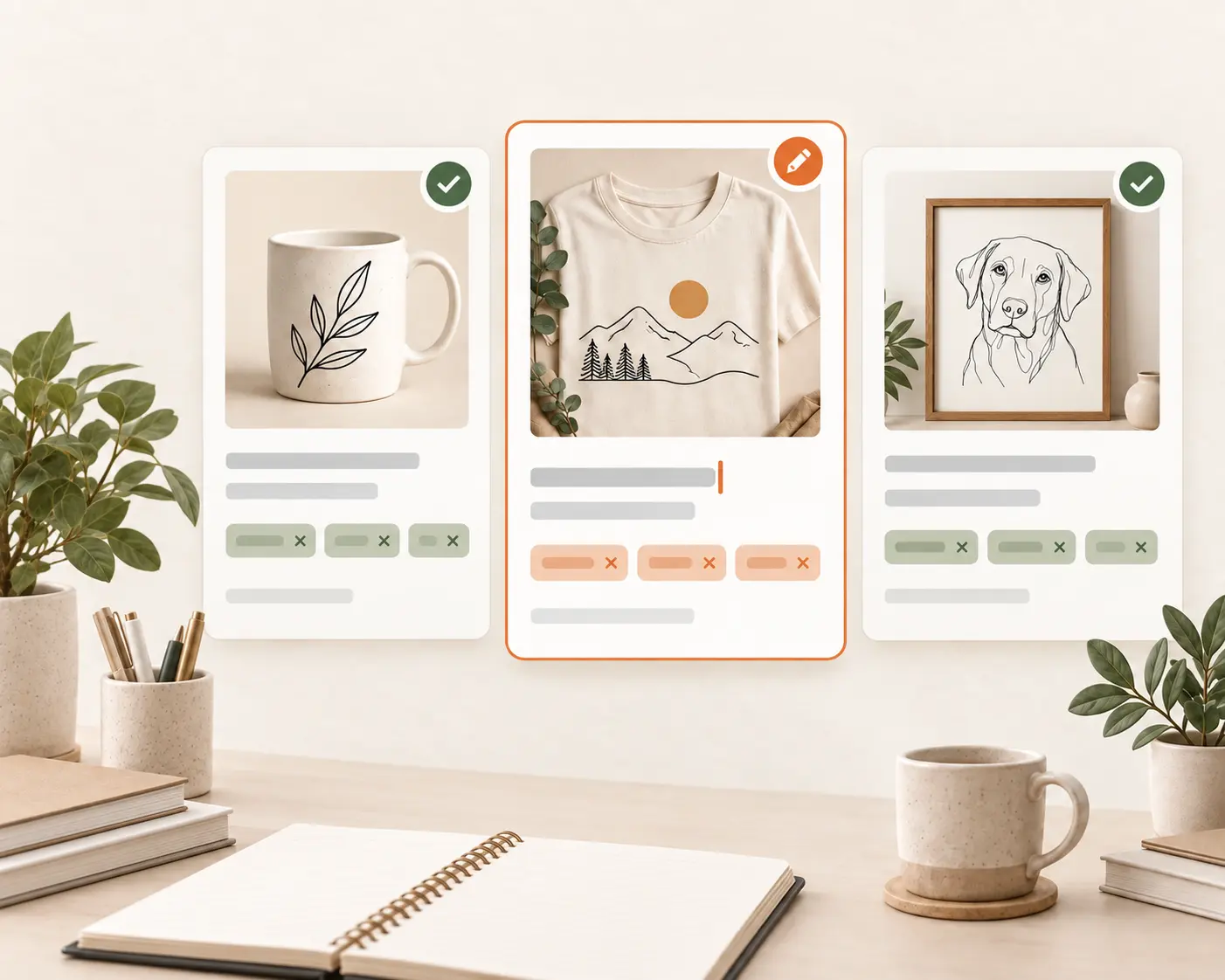 Three product listing drafts with editable fields ready for review