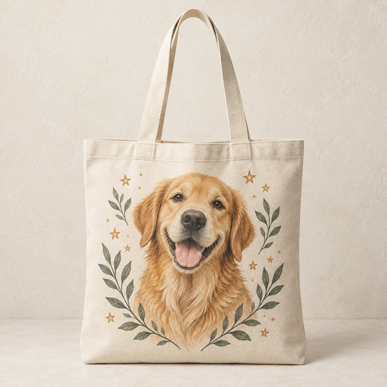 Print-on-demand tote bag with a golden retriever portrait