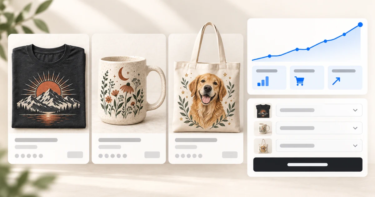 Print-on-demand products connected to eBay listing analytics and bulk editing