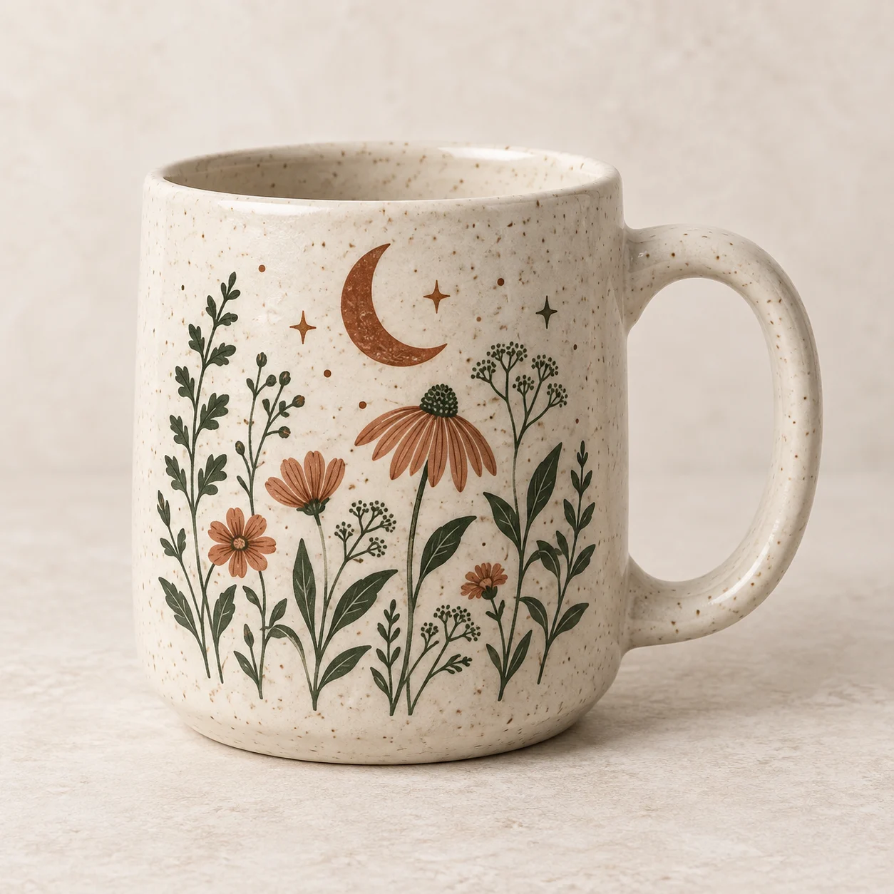 Speckled print-on-demand mug with flowers and a crescent moon