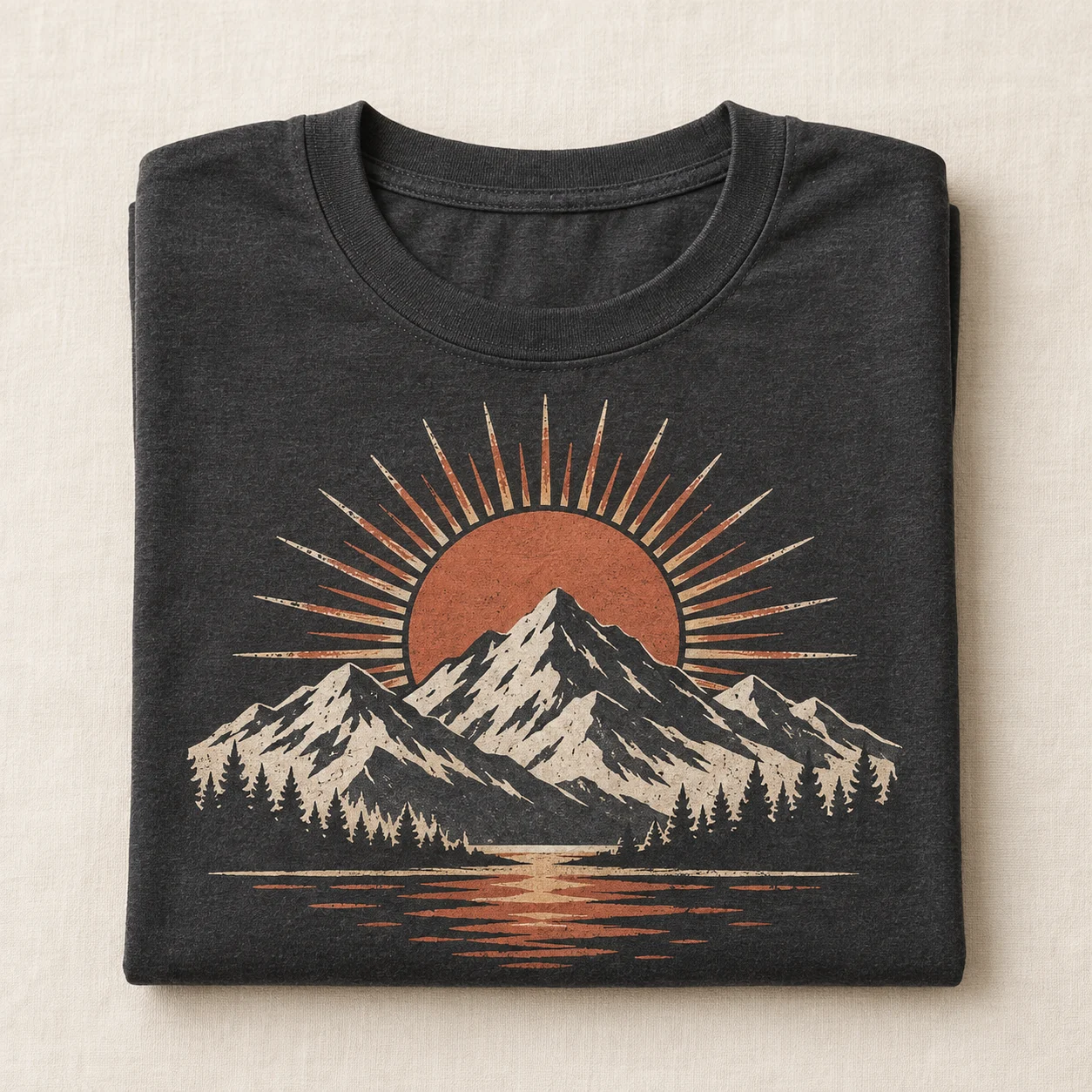 Charcoal print-on-demand shirt with a mountain and sun design