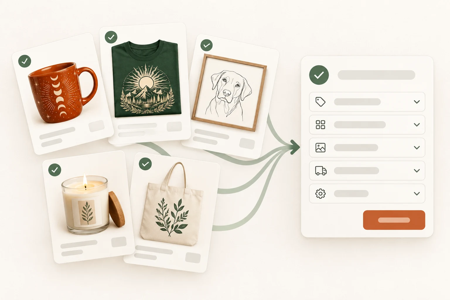 Five product listings flowing into one shared editing panel