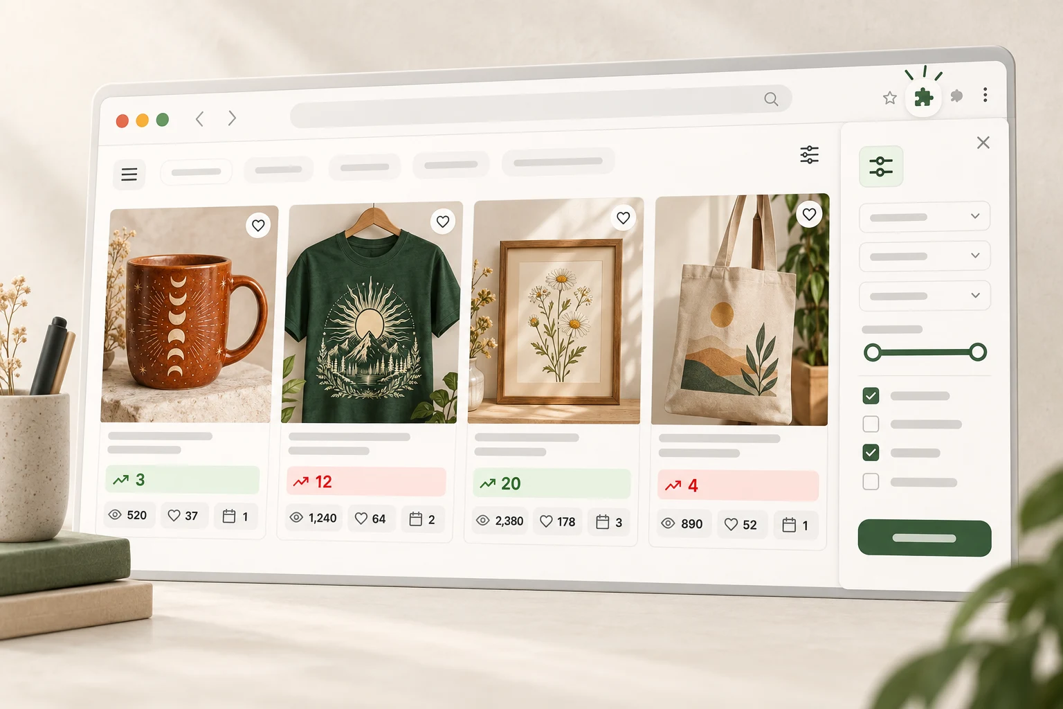 Browser extension displaying research metrics below marketplace listings