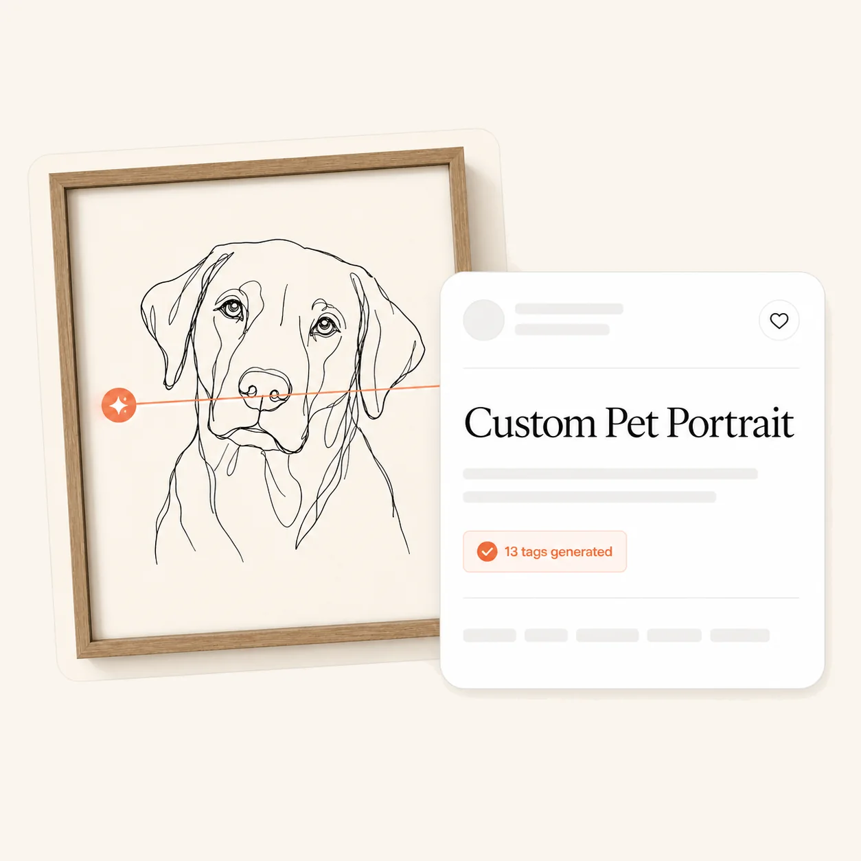 Pet portrait analyzed into a product title and 13 generated tags