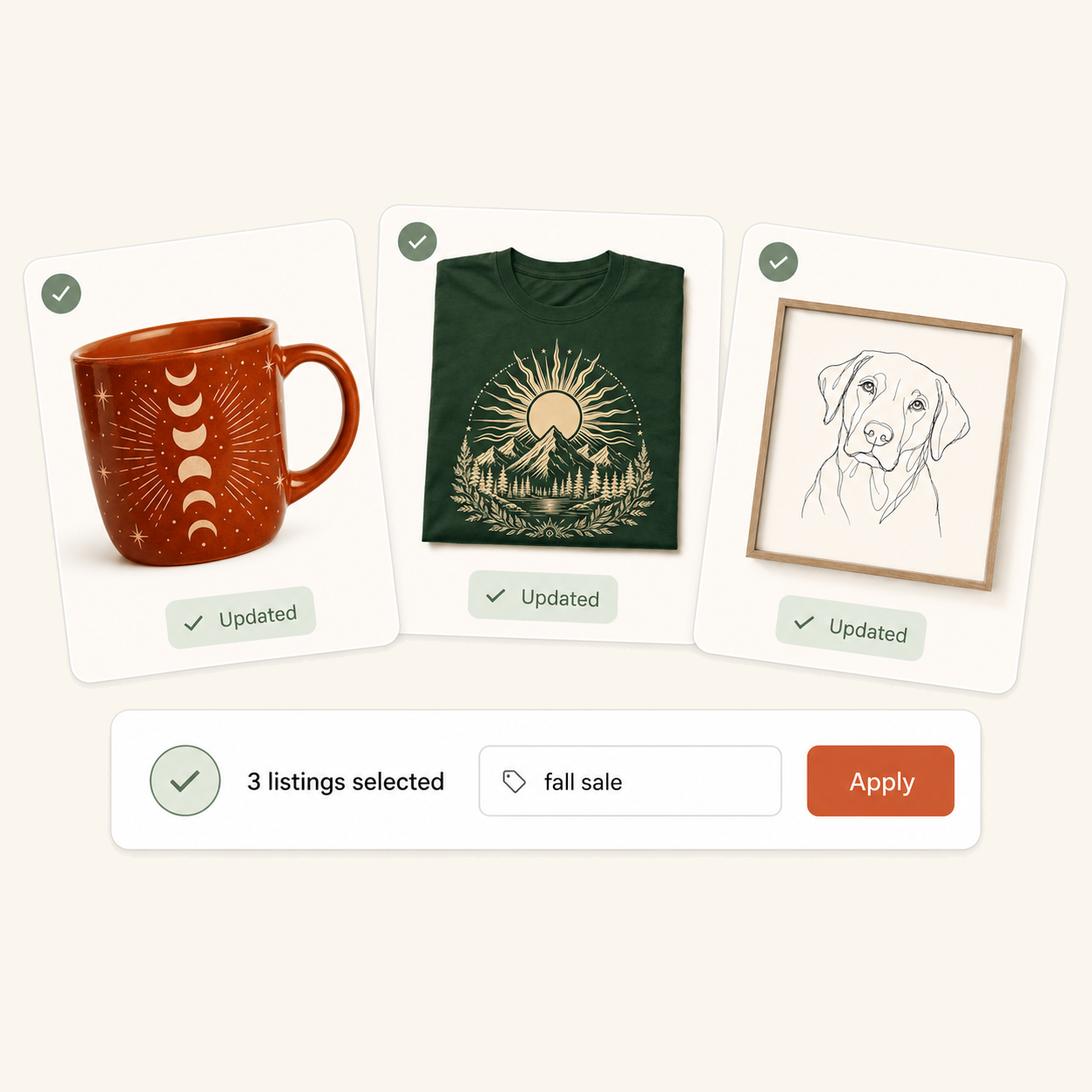 A fall sale tag applied to three selected Etsy listings