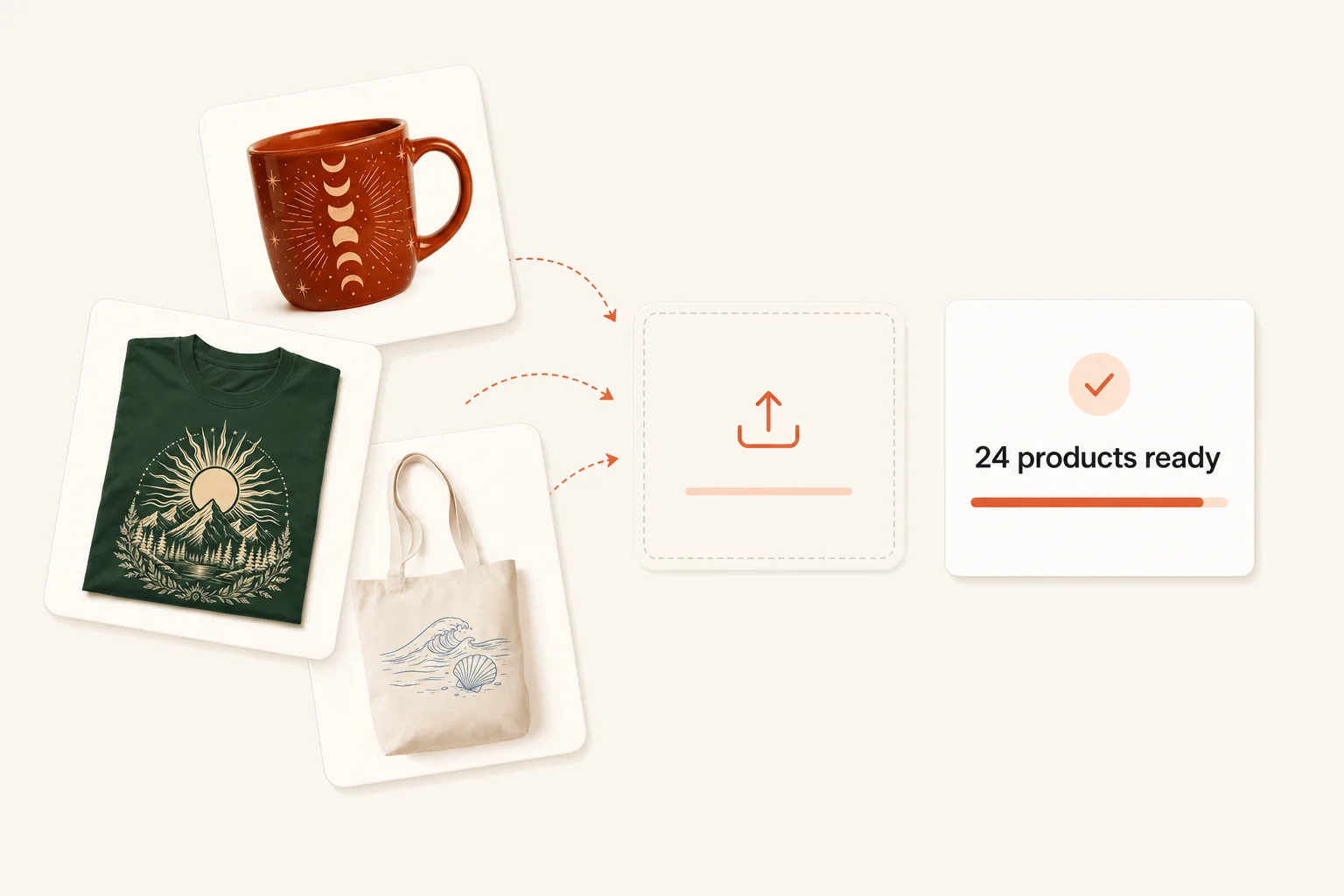Three product designs moving into an upload tray with 24 products ready