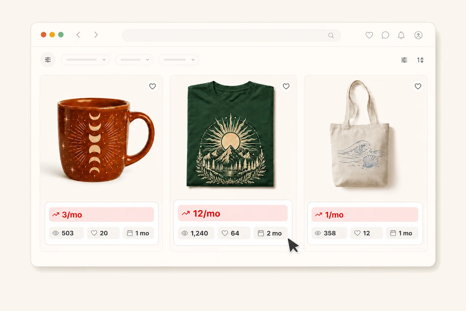Product research cards with monthly sales, views, favorites, and listing age