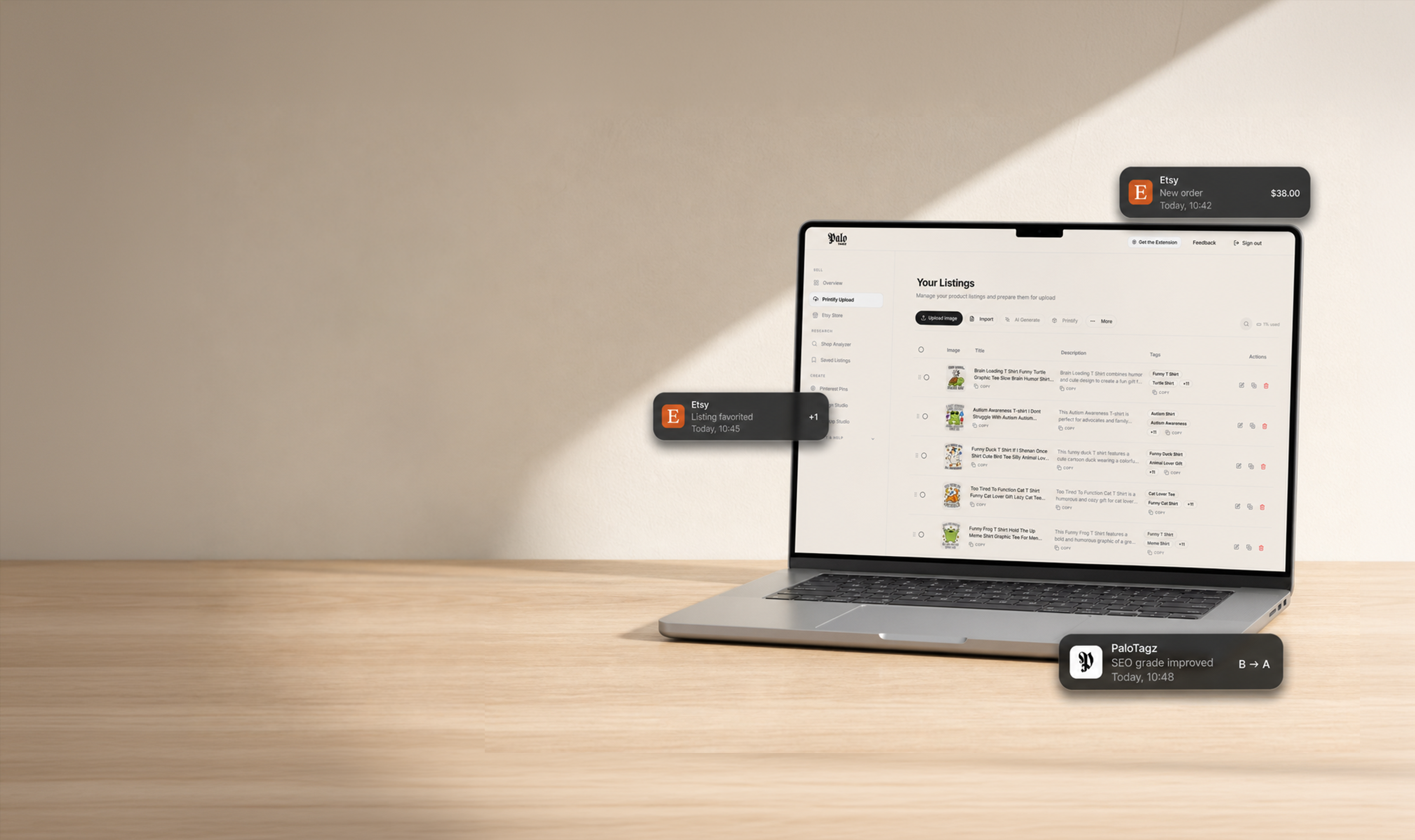 PaloTagz listings dashboard displayed on a MacBook with floating listing notifications